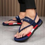 Men's Casual Flip Flops with Bold Letter Print & Striped Design - Durable Fabric Upper